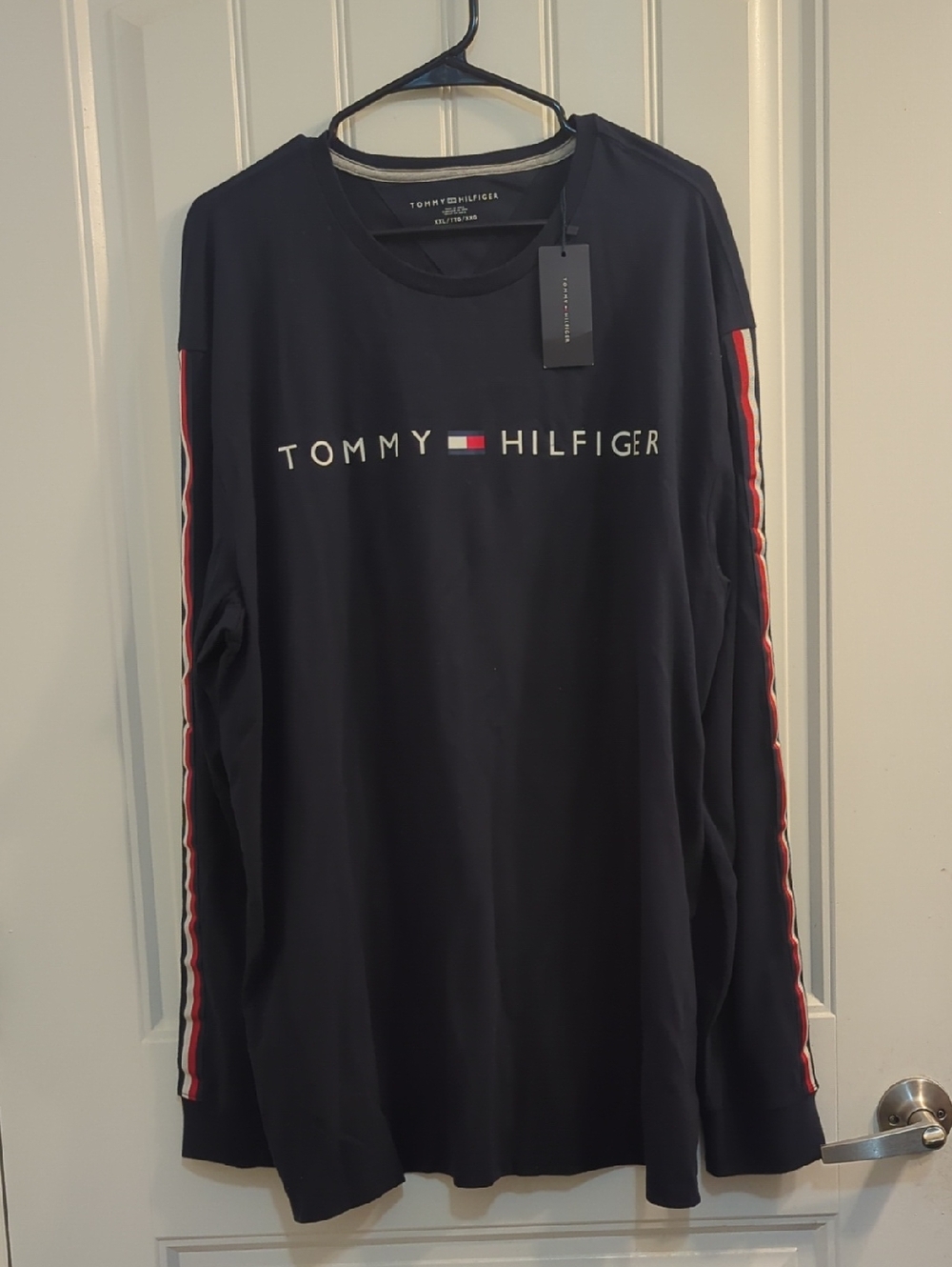 Tommy Hilfiger Navy Long-Sleeve Logo Tee with Red-White Stripe Sleeves NWT